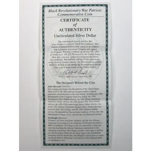 1998-S Black Revolutionary War Patriots Uncirculated Silver Dollar w Box & COA